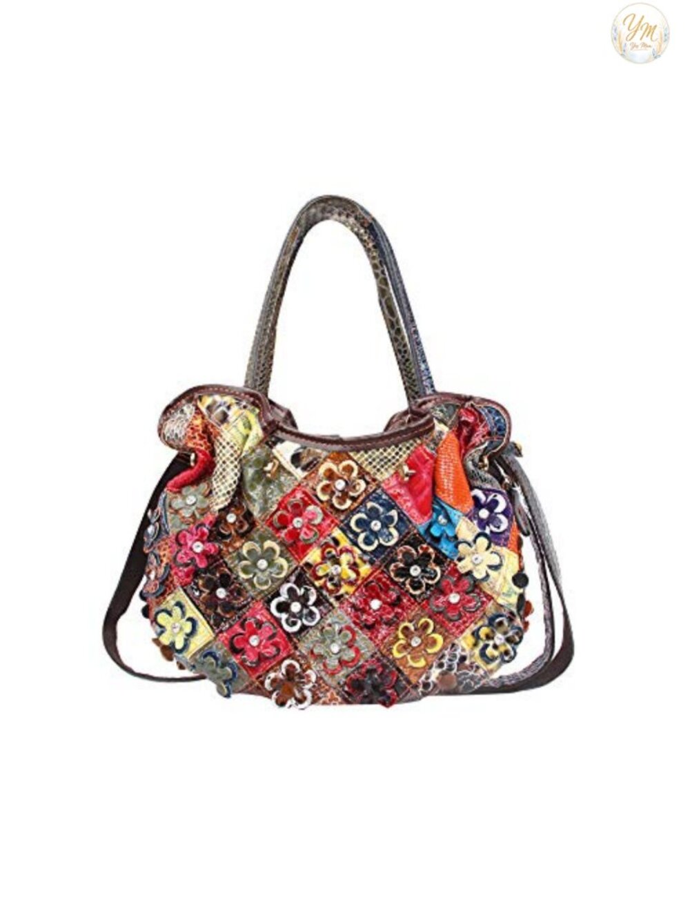 Women's Genuine Leather Floral Patchwork Shoulder Bag 3D Stitching Adjustable